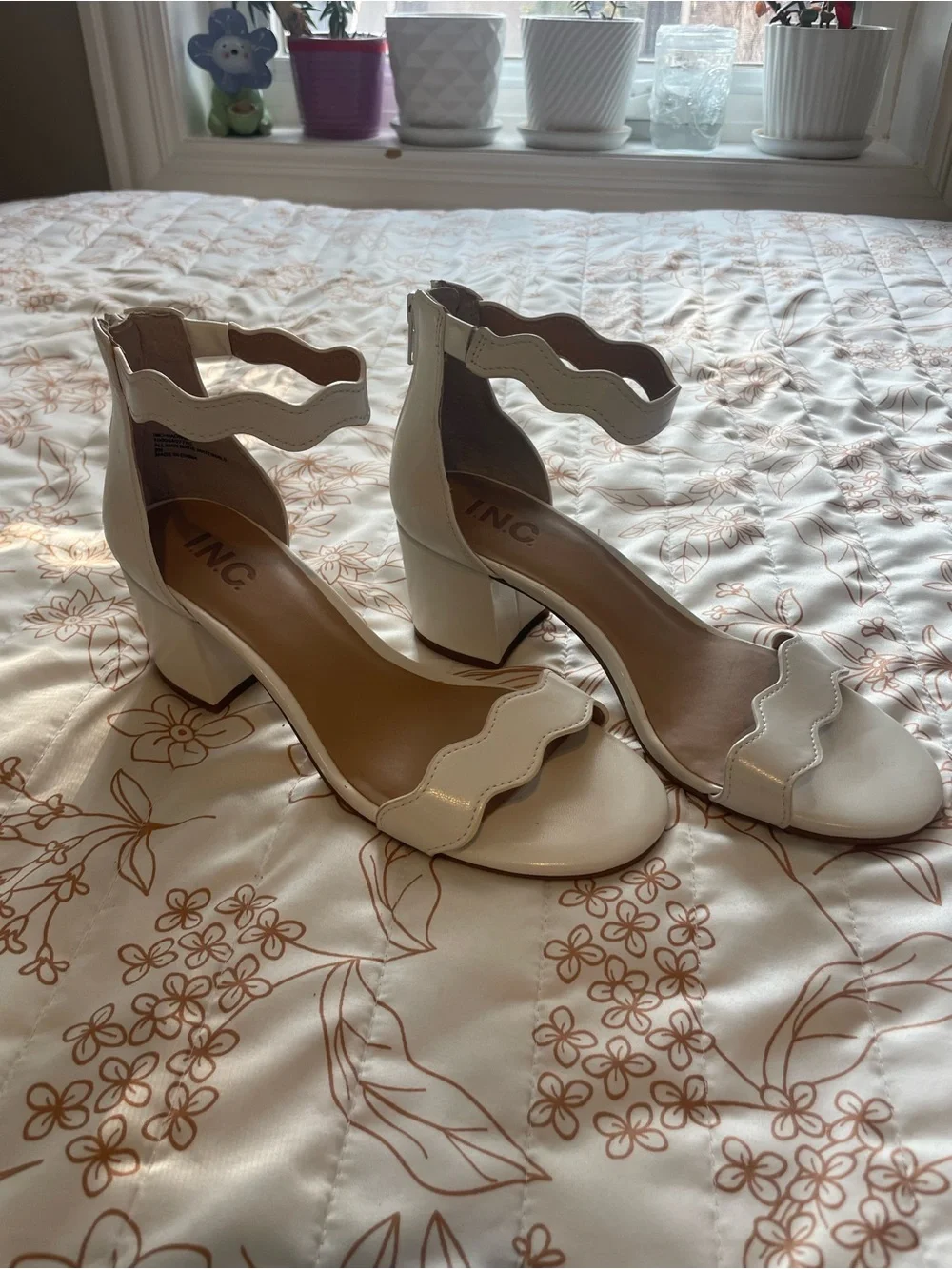 INC International Concepts Cream Scalloped Ankle-Strap Block Heels